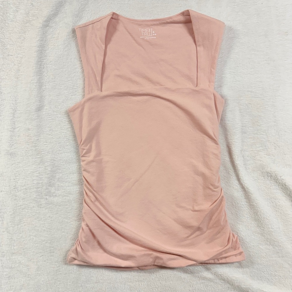 Time and Tru S Ruched Side Tank Top Pink Square Neck Sleeveless Stretch Casual